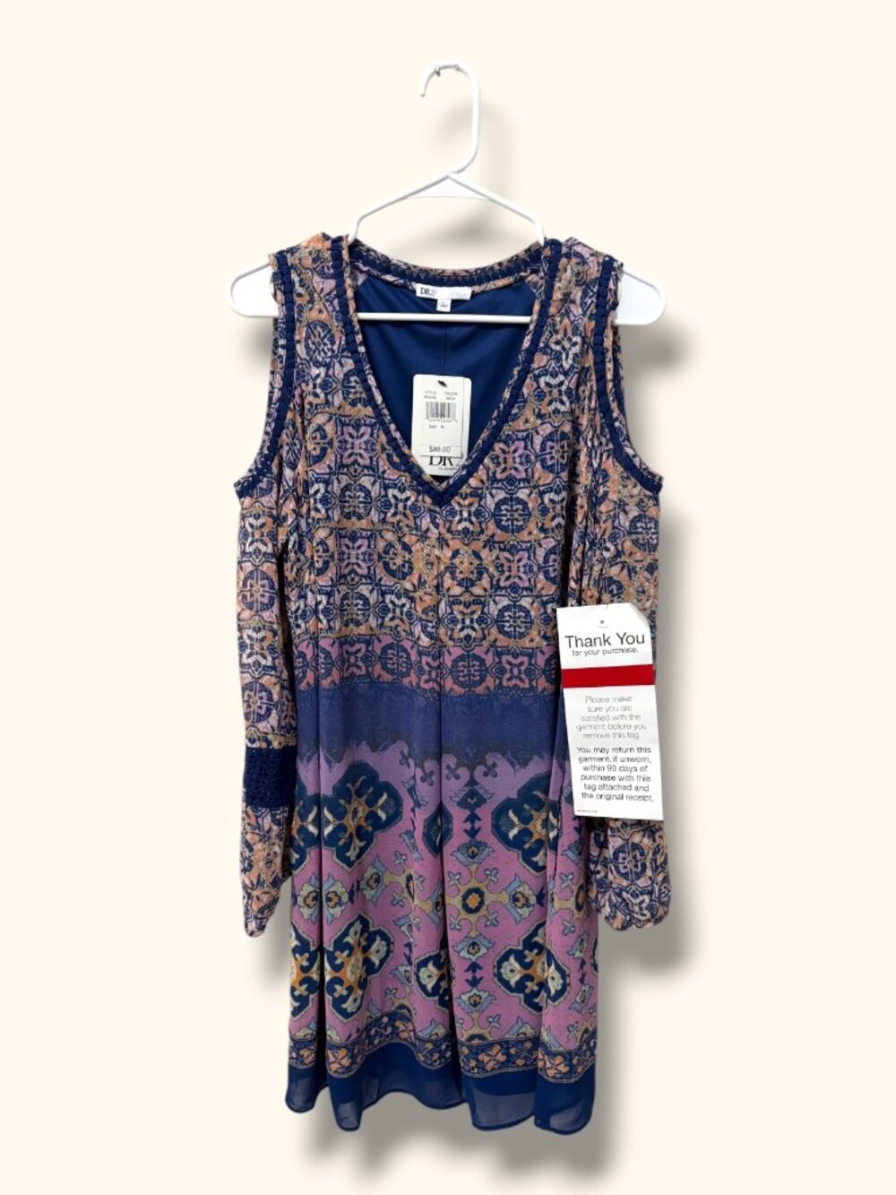 DR2 Dress Womens M Navy Pink Print Cold Shoulder Crochet Trim Long Sleeve Lined
